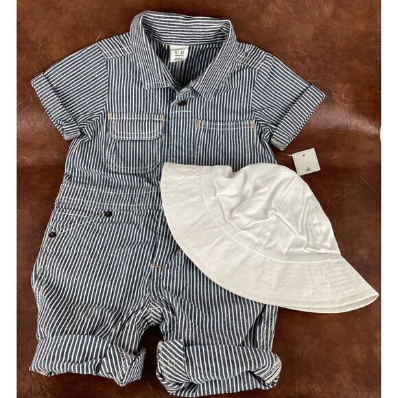 Baby Gap 1pc Romper & Sun Hat Shorts 6-12 Mo Outfit Striped Train Conductor NWT - Picture 7 of 7